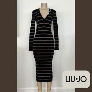 LIU•JO | Milano Black Striped Knit Bodycon Midi Dress